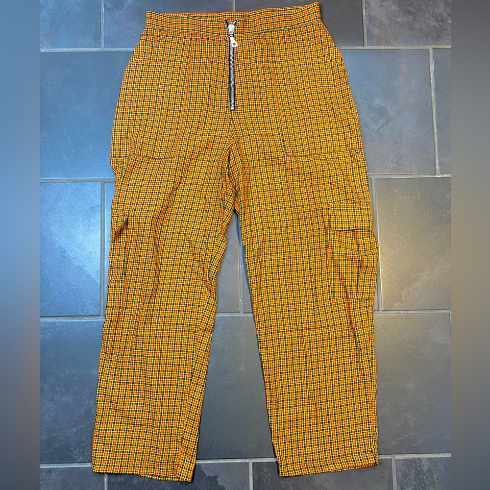 The Ragged Priest Orange Black Plaid Check Pants Pockets Baggy Punk Streetwear L